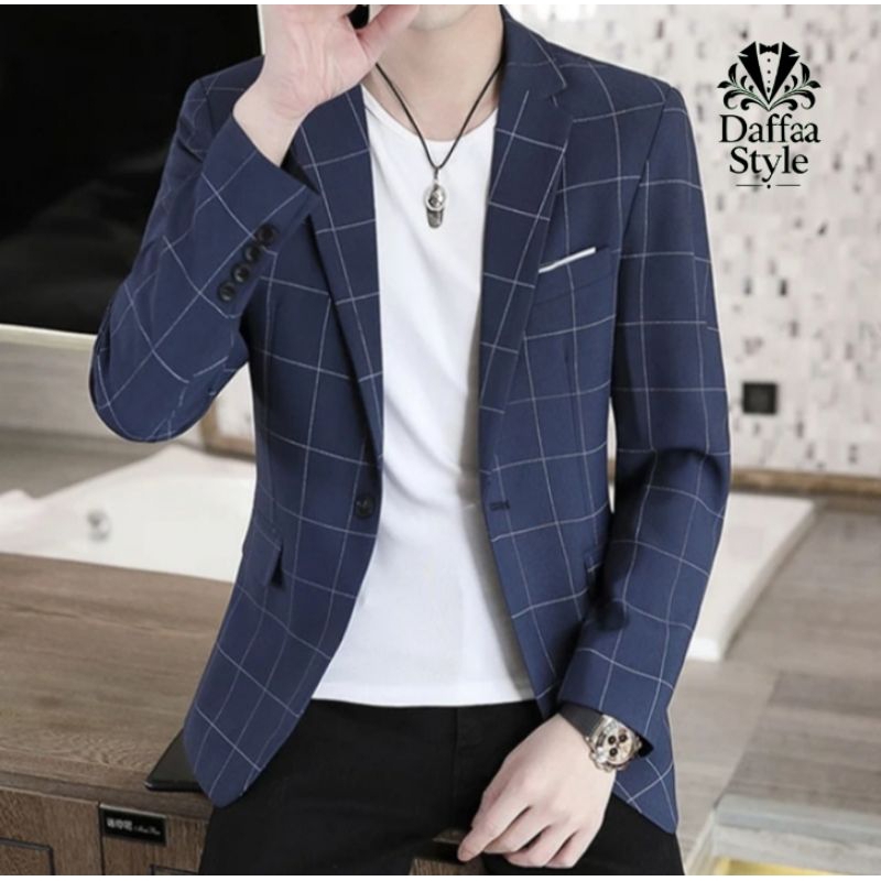 jas blazer Tartan pria kotak-kotak