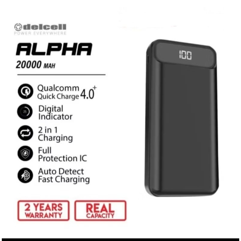 Powerbank delcell alpha 20.000 mah real kapasitas. Fast charging. Original