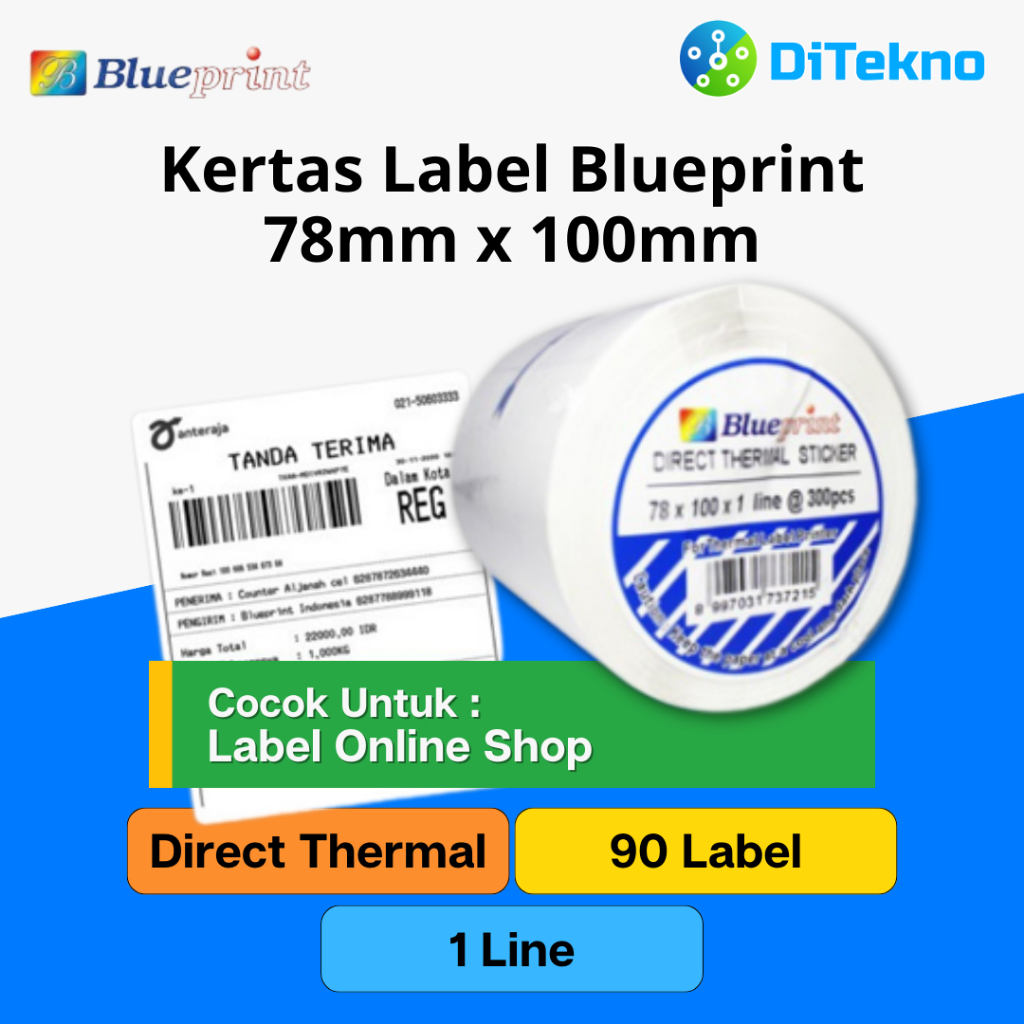 

Blueprint Kertas Label Direct Thermal 78x100 90 PCS 1 Line Stiker Resi Online