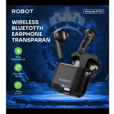 Robot TWS RT01 Tws bluetooth 5.3 Wireless headset earphone bluetooth Transparan stereo Sound & HD mi
