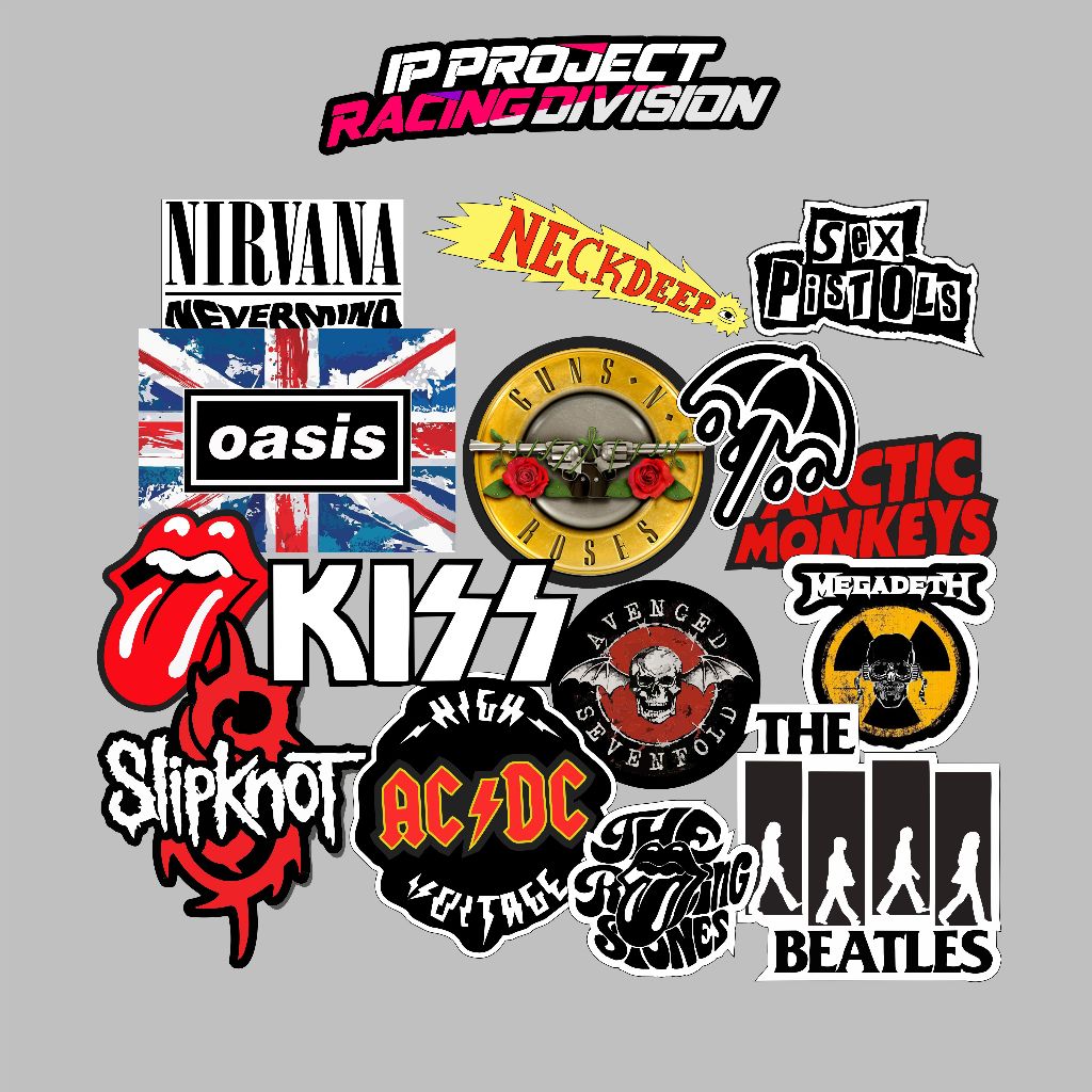 

STIKER BAND MUSIC ROCK METAL ISI 15 PCS HITAM PUTIH, sticker anti air, aesthetic, helm, laptop, case hp vol 68