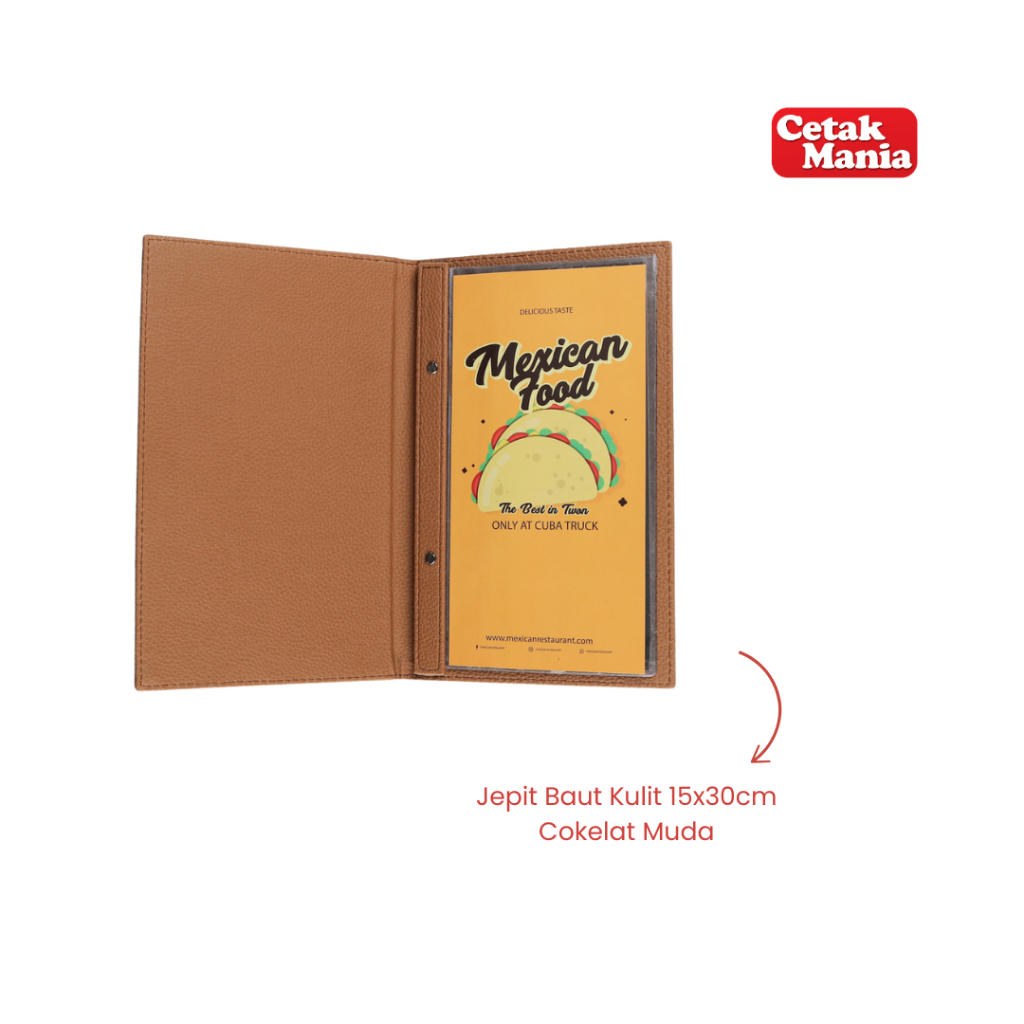 Cetak Mania - Buku Menu Kulit Jepit Baut isi Plastik Mika 15x30cm Coklat Muda - Cafe, Coffee Shop, R