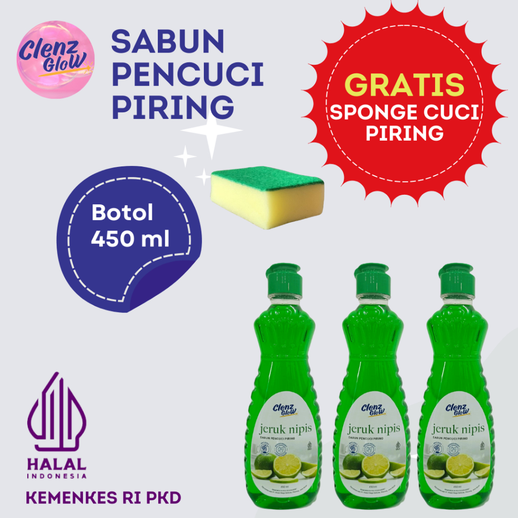 Promo Bundling Sabun Pencuci Piring Botol Fliptop 450 ml dan Gratis Sponge Cuci Piring Clenz Glow