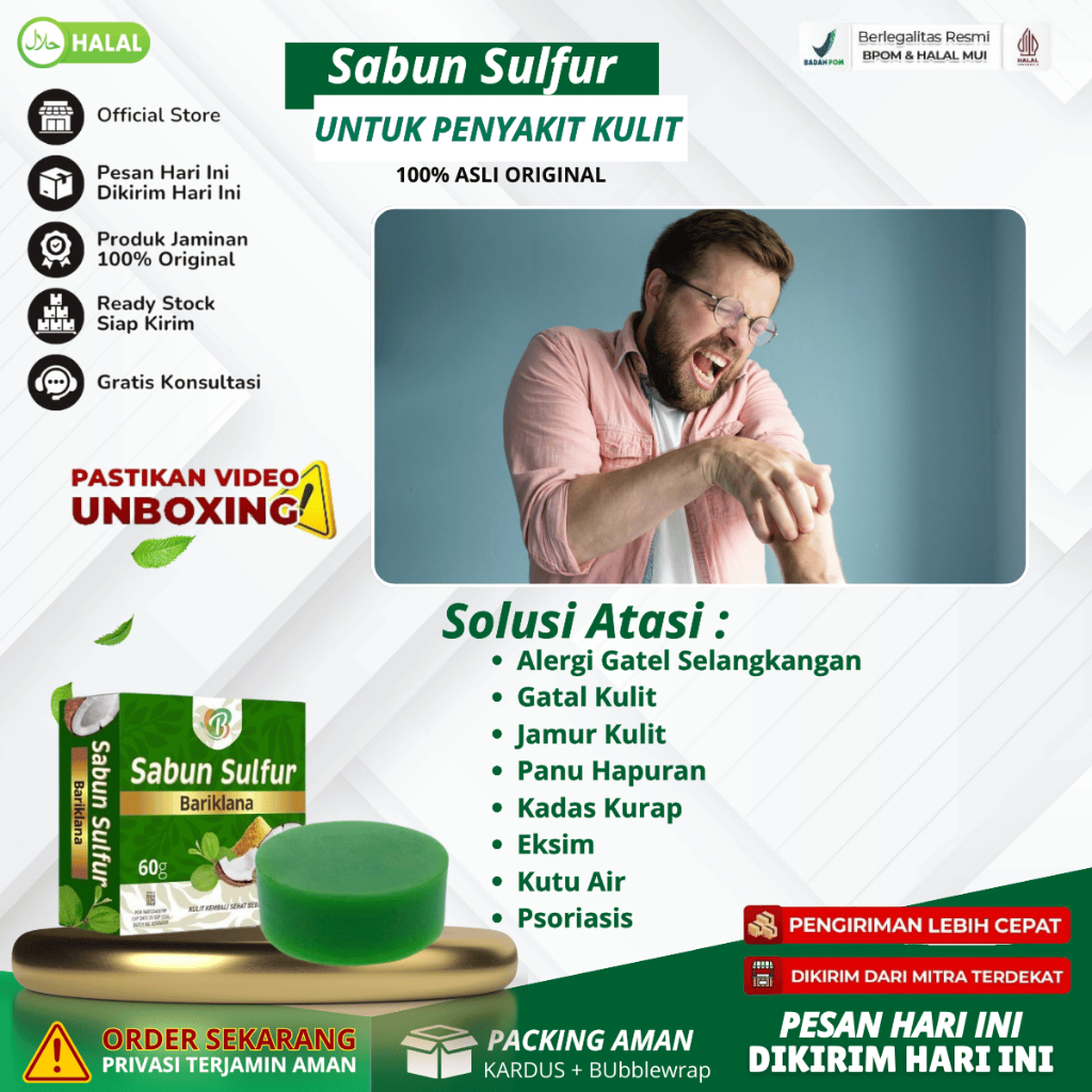 Sabun Sulfur - Obat Gatal Kulit Jamur Panu Hapuran Kadas Kurap Eksim Kutu Air Psoriasis Alergi Gatel