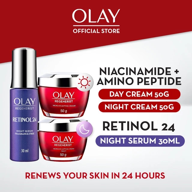 Olay - Regenerist Set Lengkap Pelembab Pagi & Retinol 24 Serum & Pelembab Malam Krim Moisturizer Ant