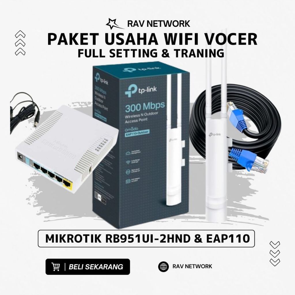 Paket Alat Usaha Wifi Sistem Voucher RT RW NET Siap Pakai - Mikrotik RB951UI-2Hnd+ Eap 110 Full sett