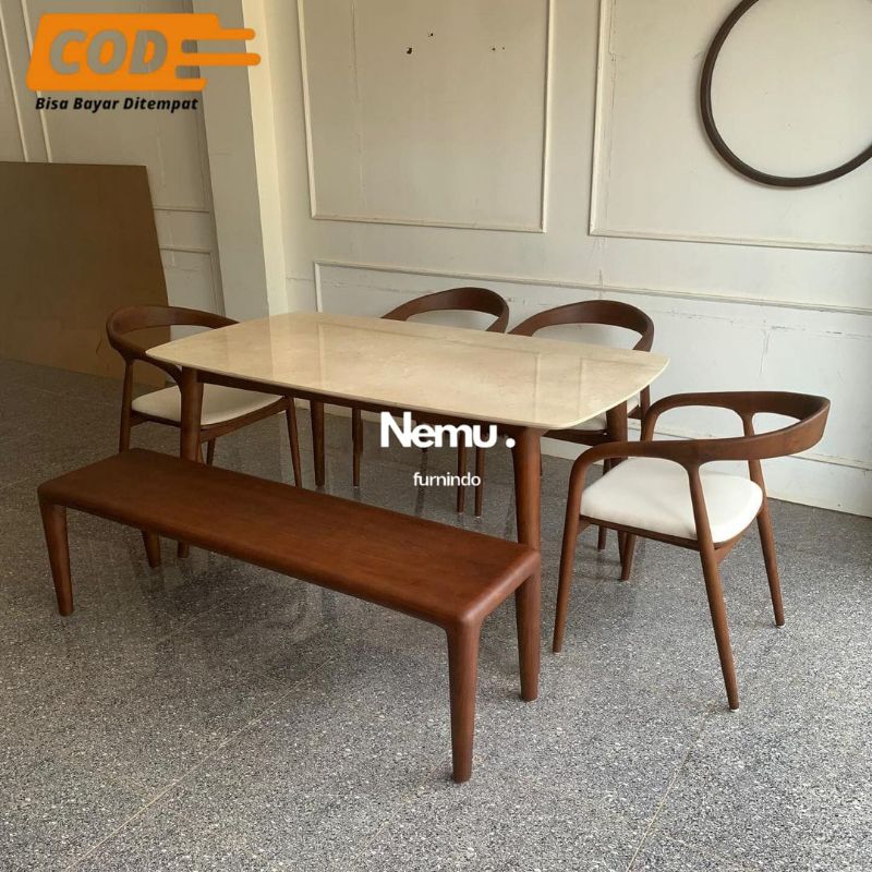 Meja Makan Retro Marmer Kayu Jati, Meja Makan Minimalis Modern Kayu Jati