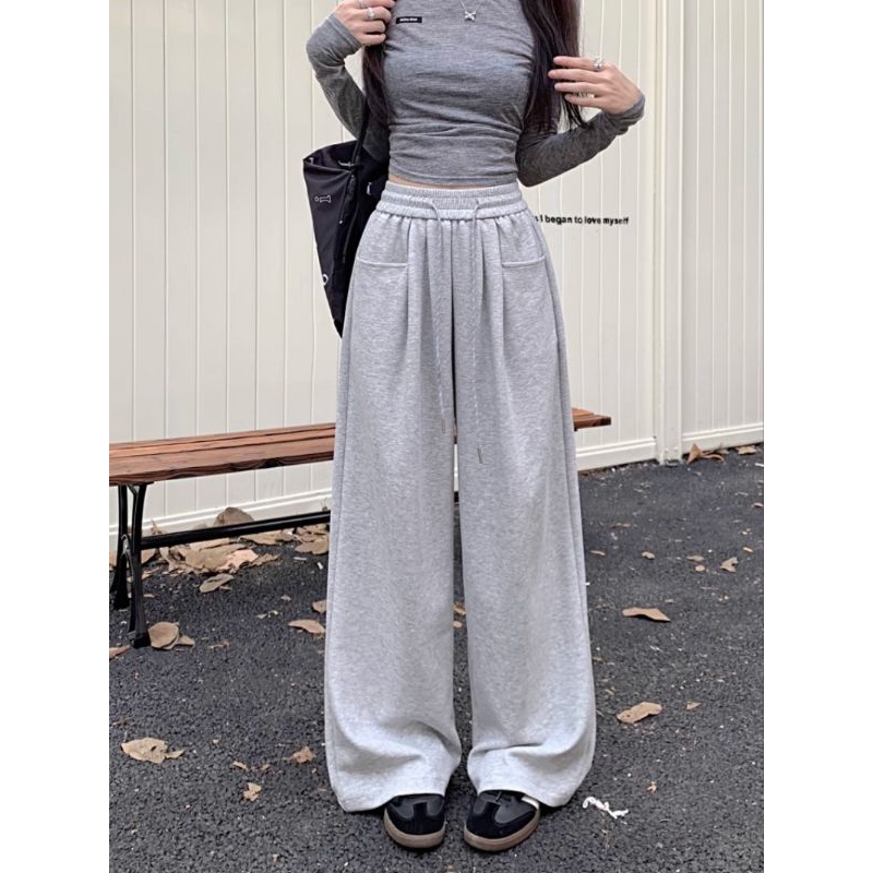 celana olahraga wanita longgar, celana olahraga kasual longgar hiphop wanita bergaya Vintage kaki le