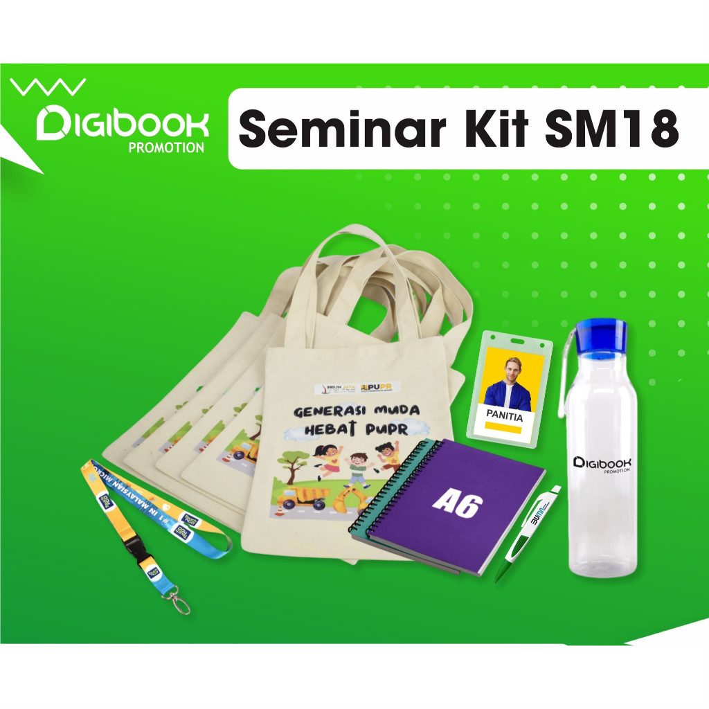 

Paket Seminar Kit Custom | Tas Backpack, Notebook Hardcover, Pulpen, Tumbler