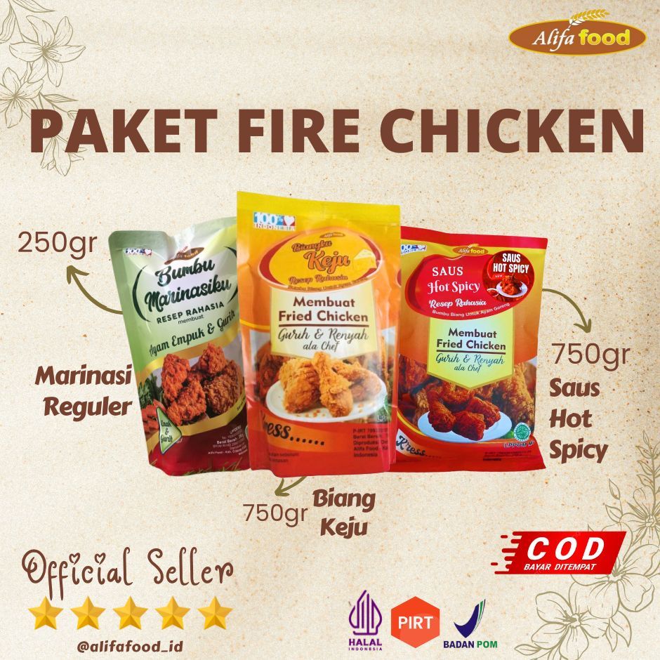

ALIFA FOOD - PAKET FIRE CHICKEN, Marinasi Reguler 250gr, Biang Keju 750gr, Saos Hot Spicy 750gr