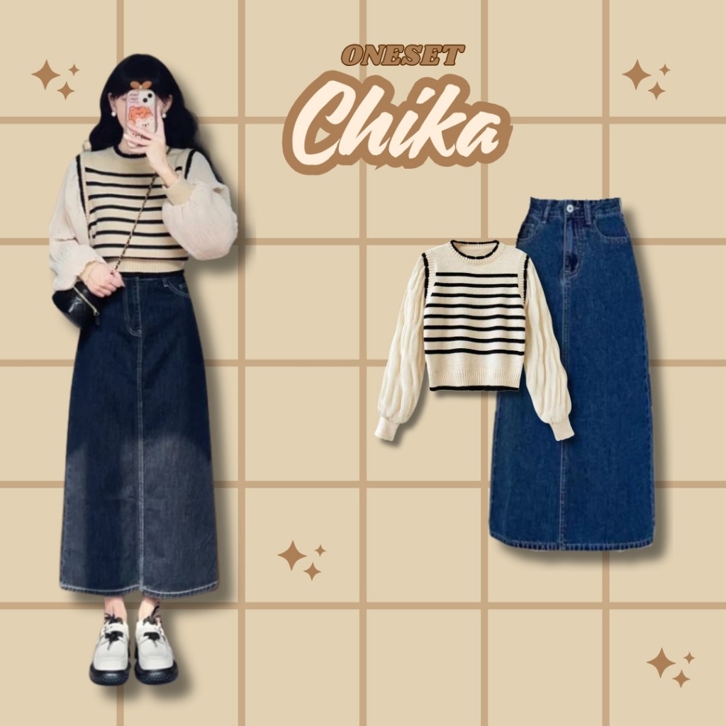 Chika Oneset Korean Style | One Set Remaja Kekinian Korea | One Set Sweater Rok Jeans | Outfit Remaj