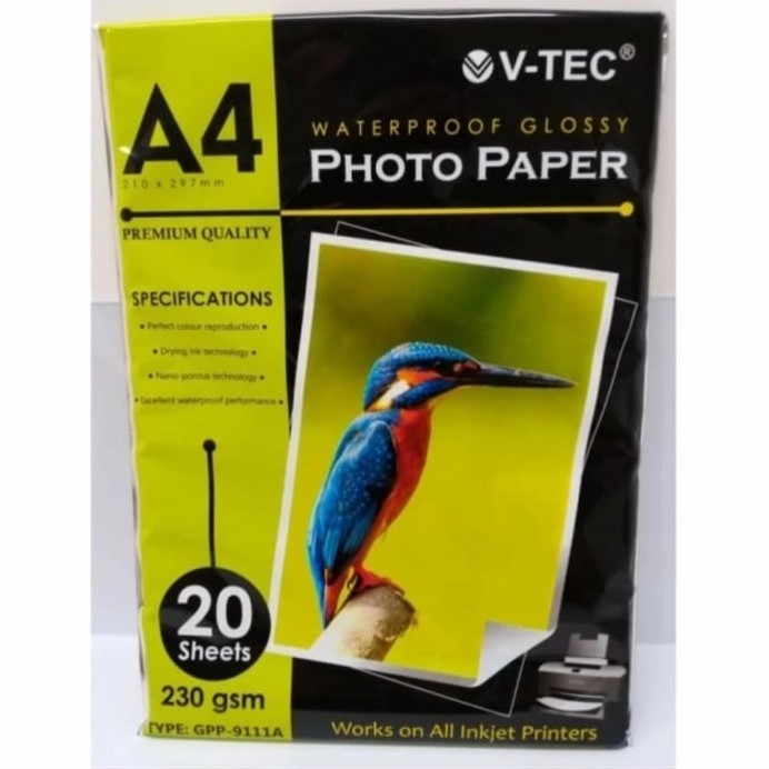 

KERTAS FOTO V-TEC GLOSSY PHOTO PAPER A4 230 GSM GPP-9111A