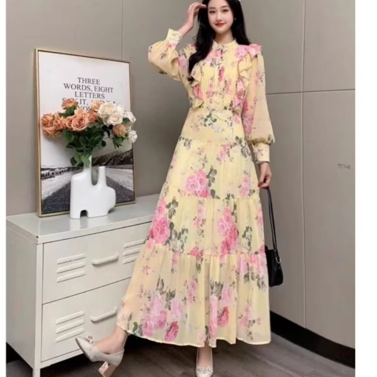 05540 Baju maxidress longdress ANDANIA TIERED MAXI DRESS bunga floral lengan panjang dres Korean sty
