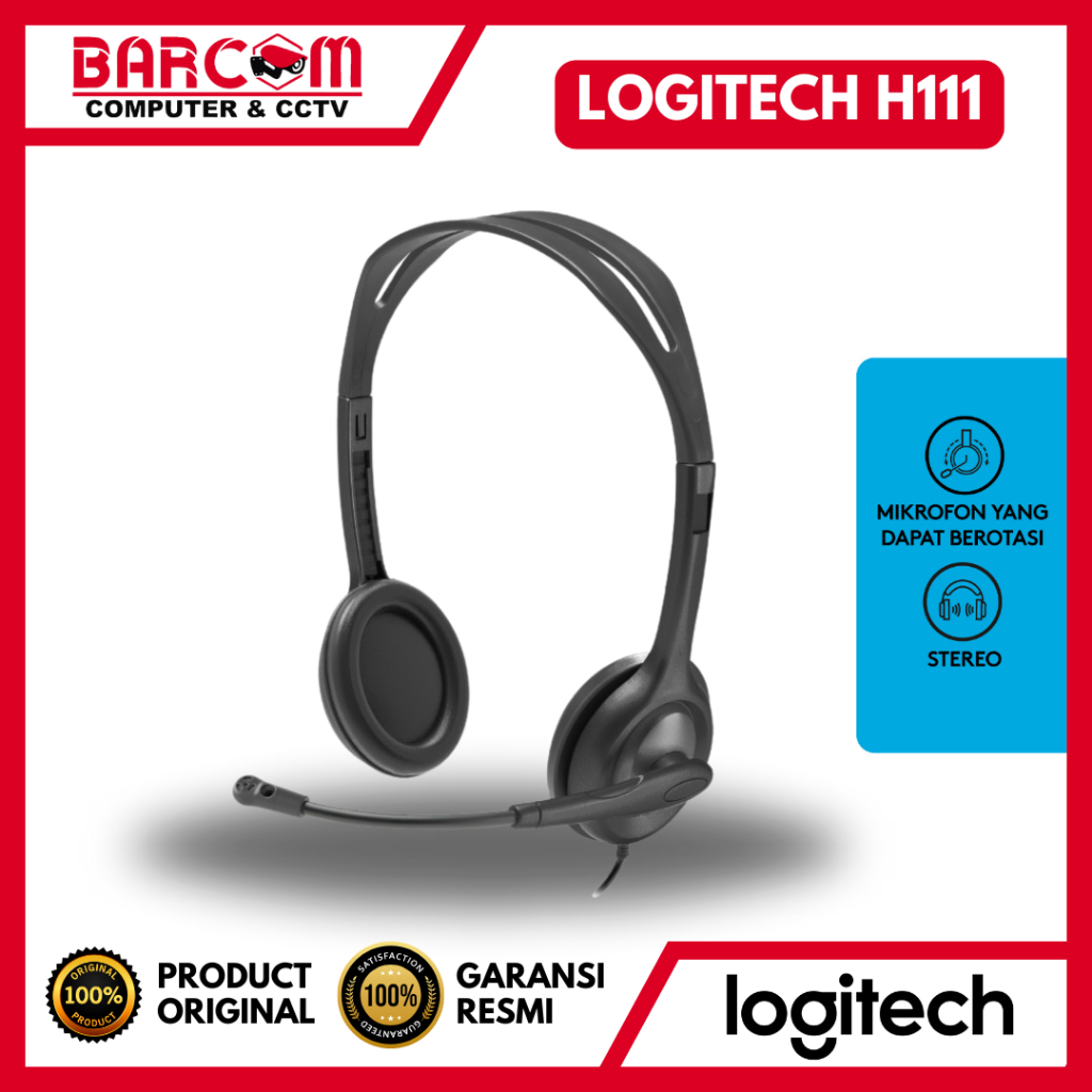 Headphone Headset Logitech H111 Stereo Single Plug Audio Microphone - LOGITECH ORIGINAL