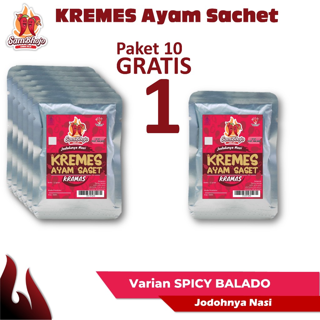 

SamBhojo Kremes Ayam Sachet Spicy Balado Paket 10pc FREE 1pc