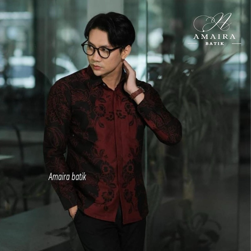 AMAIRA Batik Armenia burgundy Premium Kemeja Batik pria merah maroon Slimfit Lengan Panjang