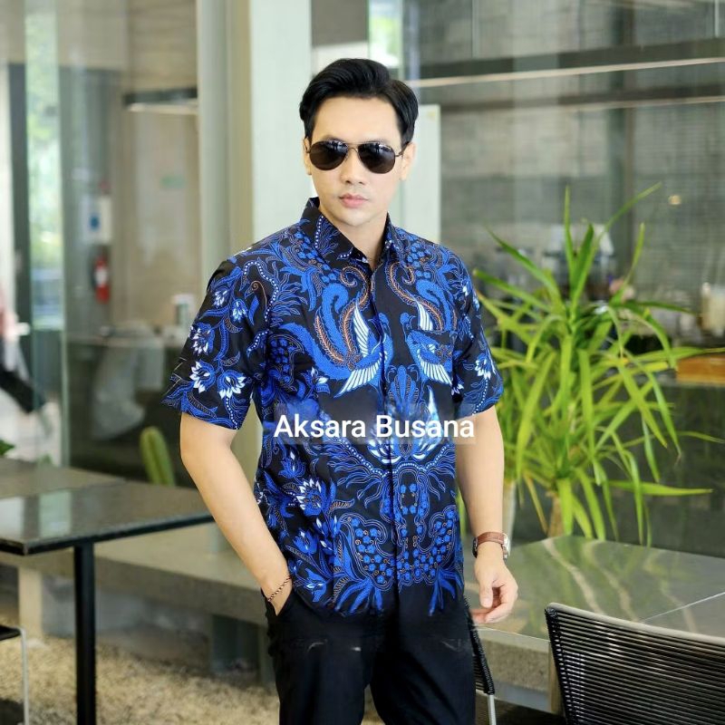 Batik Pria Lengan PENDEK Manggar Biru Reguler Fit Keris Modern Premium Baju Atasan Batik Cowok Origi