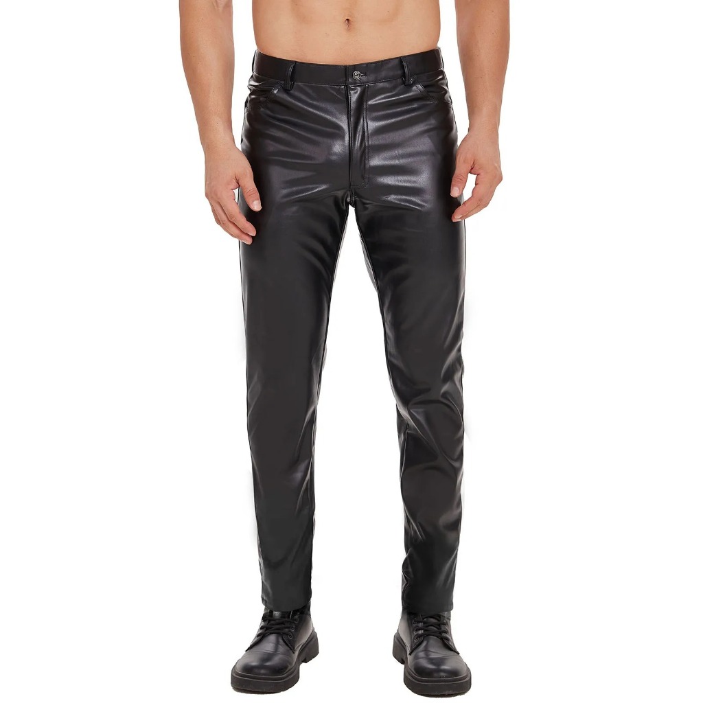 ROKI - Celana Pria Kulit Sintetis Viena HItam Casual Shiny Leather Straight Pants Sexy Zipper Cowok
