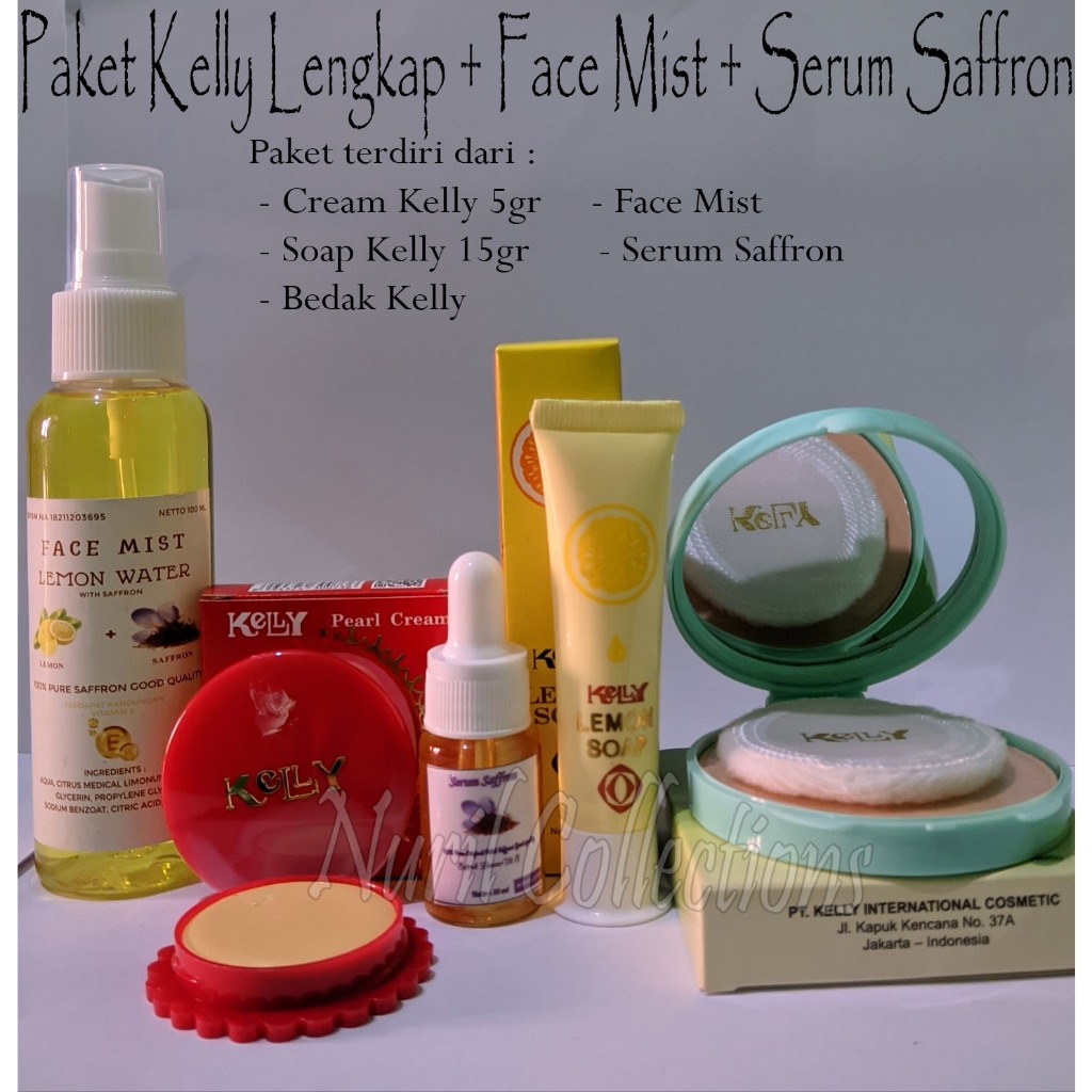 Paket lengkap - Cream kelly 5gr - soap kelly 15gr - bedak kelly - face mist - serum saffron