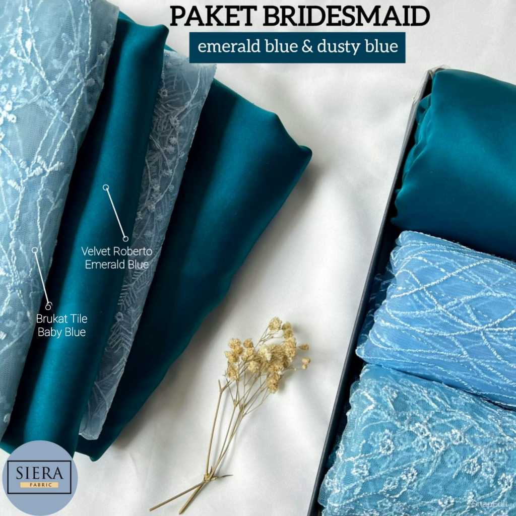 Paket Lengkap Kain Bridesmaid Premium / Satin Velvet Roberto Emerald Blue + Brukat Tile Baby Blue