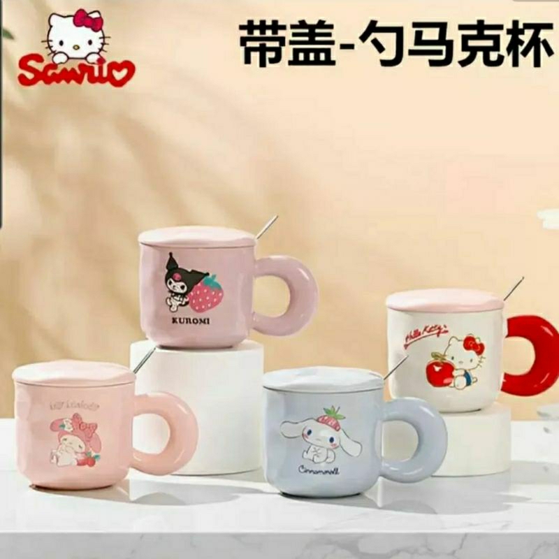Mug tutup keramik + sendok sanrio ori 400ml