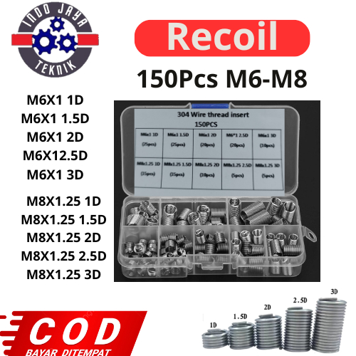 150 Pcs Recoil Helicoil M6-M8 Recoil Helicoil Verbos Perbaikan Drat Rusak Untuk Baut 10 dan Baut 12