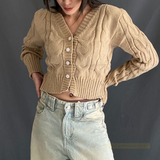 Soya Outer - 26025 Kardigan Kancing Sebaris Kerah V Gaya Baru 2024, Sweter Lengan Panjang Pola Rami