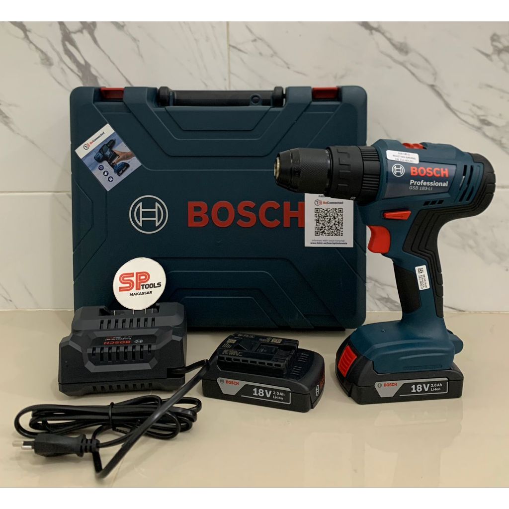 MESIN BOR CORDLESS CAS BATERAI BATTERY 18V 13MM IMPACT BETON KAYU BESI BOSCH GSB183LI