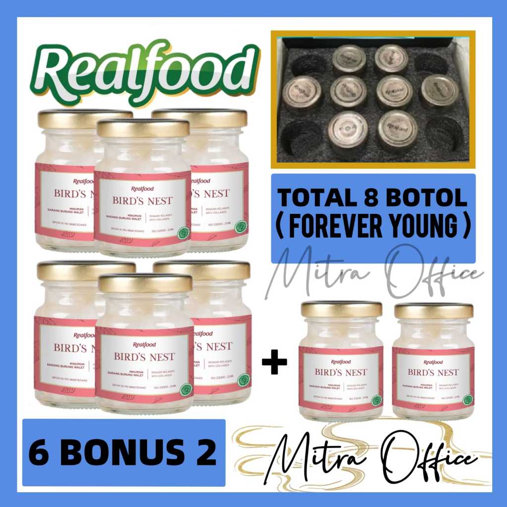 

Realfood Forever Young 6 Gratis 2 = 8 Jar ( Minuman Sarang Burung Walet ) RO