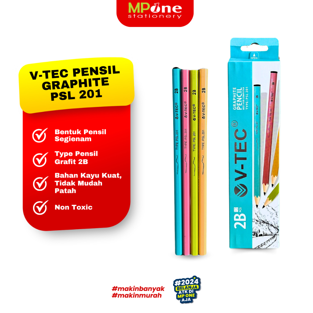 

(1 KOTAK) V-Tec Pensil Kayu Graphite 2B PSL-201/ Pensil Ujian 2B Isi 12 Pcs V-Tec