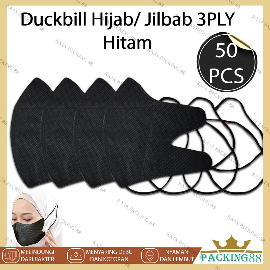 Masker Duckbill 50 PCS HIJAB JILBAB HITAM BLACK 3 PLY Masker Medis Original Premium Mask Duckbil 3PL