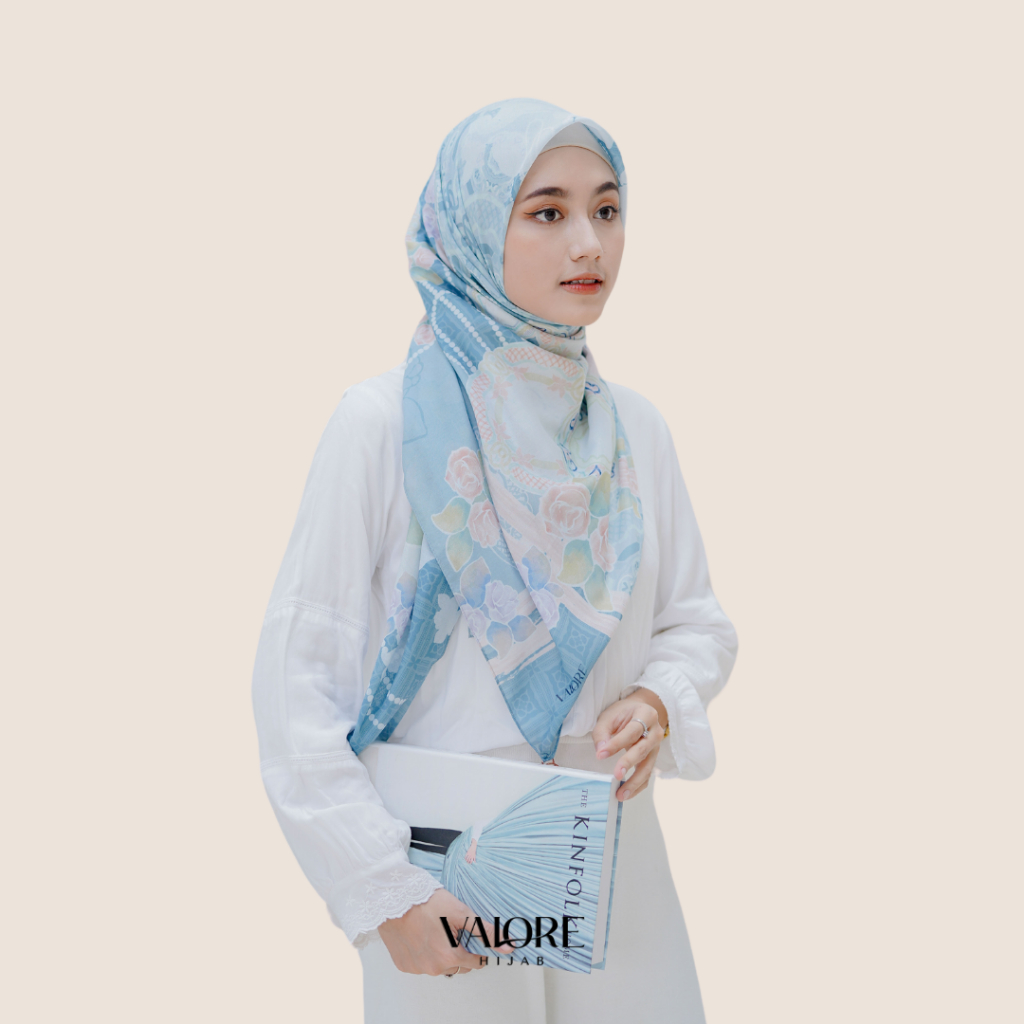 Valore Hijab - Ceramica Scarf Light Grey Blue - Kerudung Hijab Scarf Segiempat Motif with Box