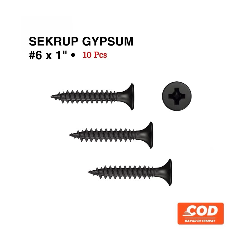 #6x1” - Sekrup Gypsum , Drywall Hitam 1 inch , 25 mm (2.5 cm) - Full Drat [10 pcs]