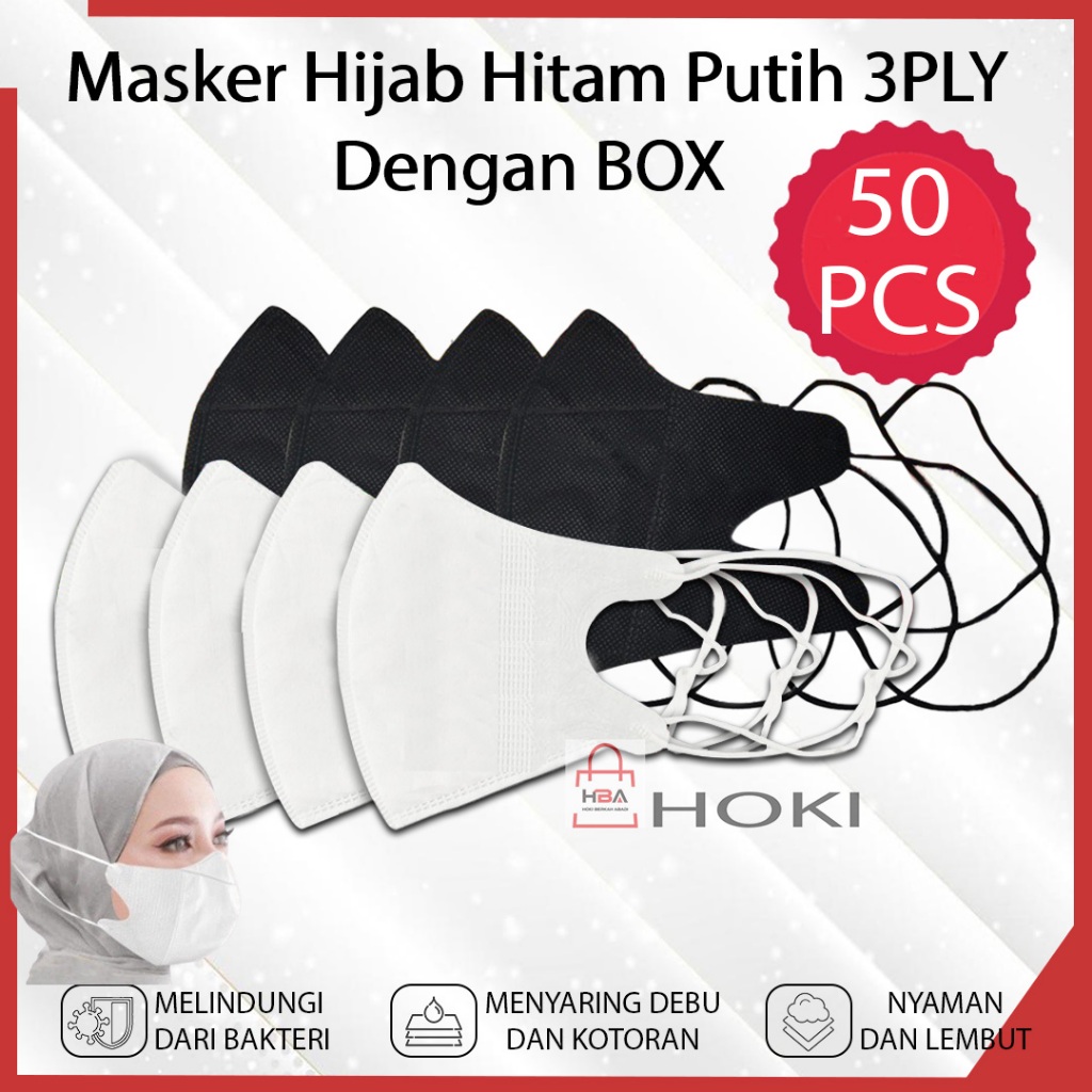 Masker Duckbill 50 PCS Hijab Warna Hitam Putih 3 PLY Premium Face Mask HEADLOOP Original Masker Medi