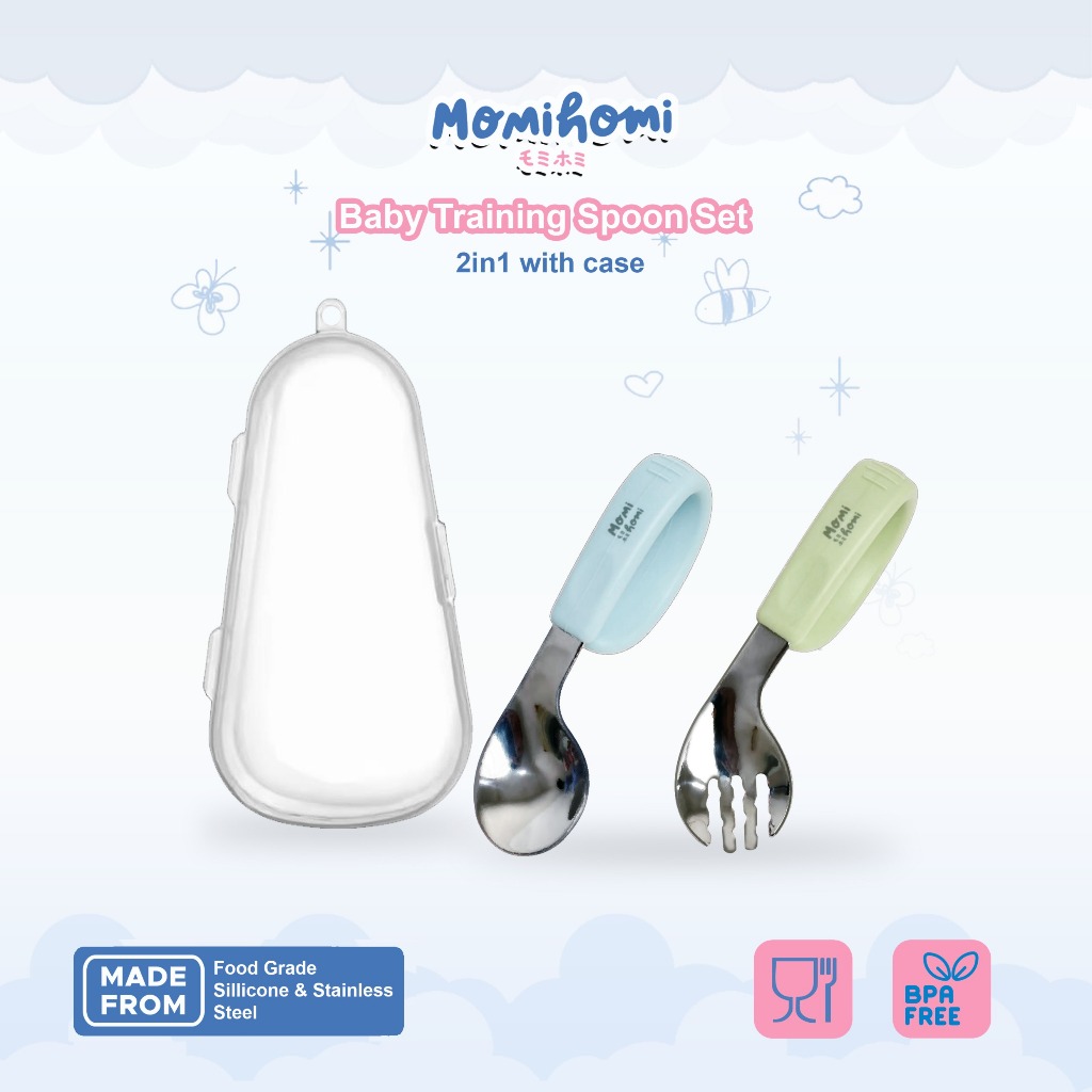 Momi Homi Baby Set Stainless Training Spoon 3072 Peralatan Set Makan Anak Bayi Sendok Garpu Dengan B