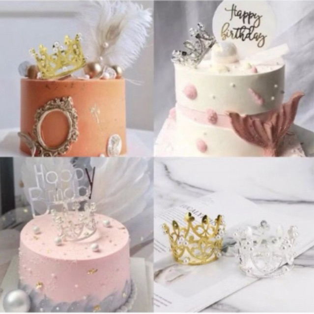 [SATUAN] Hiasan Cake Topper Kue MAHKOTA Emas Mutiara Plastik Gold Birthday Ulang Tahun Buket