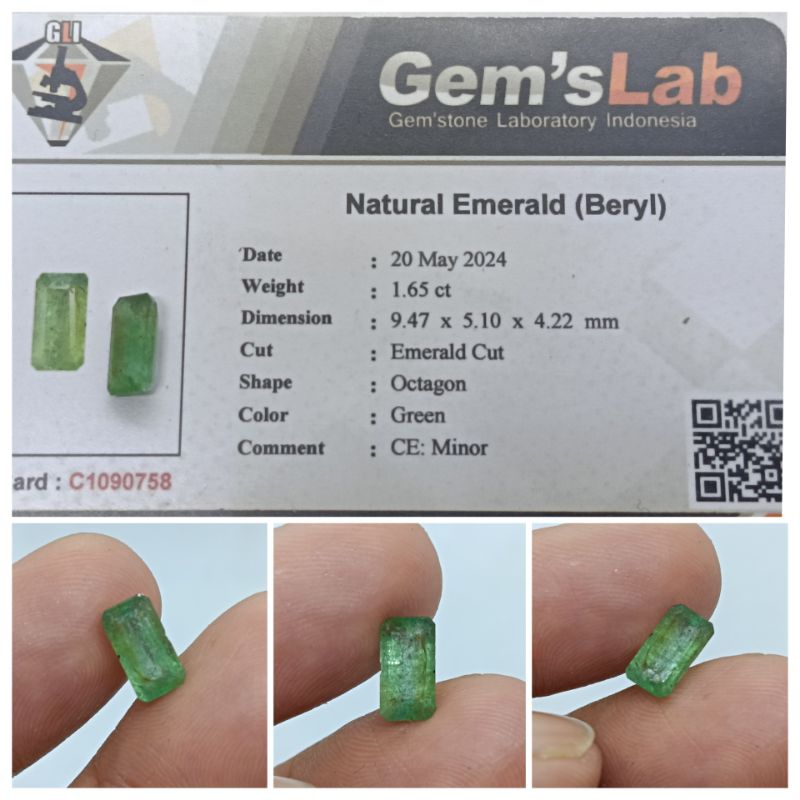 Natural Emerald Beryl Zambia 1,5ct kristal memo GLI Zamrud Afrika