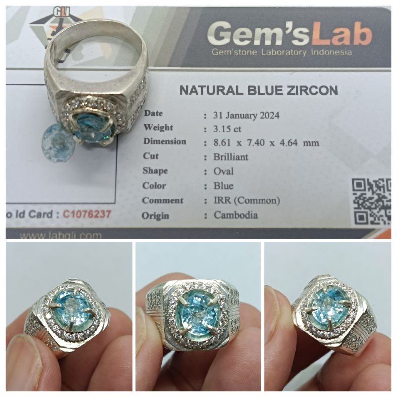 Natural Blue Zircon Cambodia 3,1 ct Top Color-Luster memo GLI Ring Perak