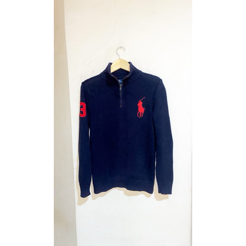 ❌SOLD VIA TRF❌ Quarter Half Zip Knit Polo Ralph Lauren Rajut Navy Big Red Logo