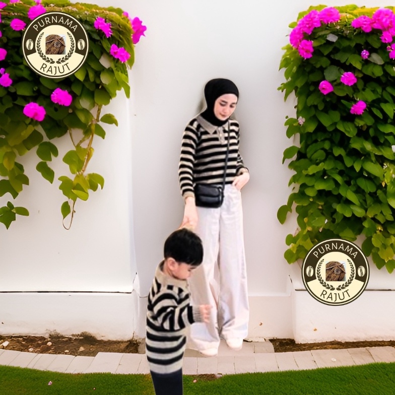 KODE I35J Baju Rajut Couple Ibu Anak Perempuan Laki laki Sweater Couple keluarga Knit Stripe Polet g