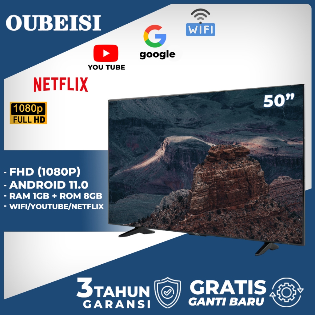 OUBEISI TV LED 50/55/65 inch smart Android TV Digital 4K UHD Televisi Voice Control-Dolby Audio-Blue