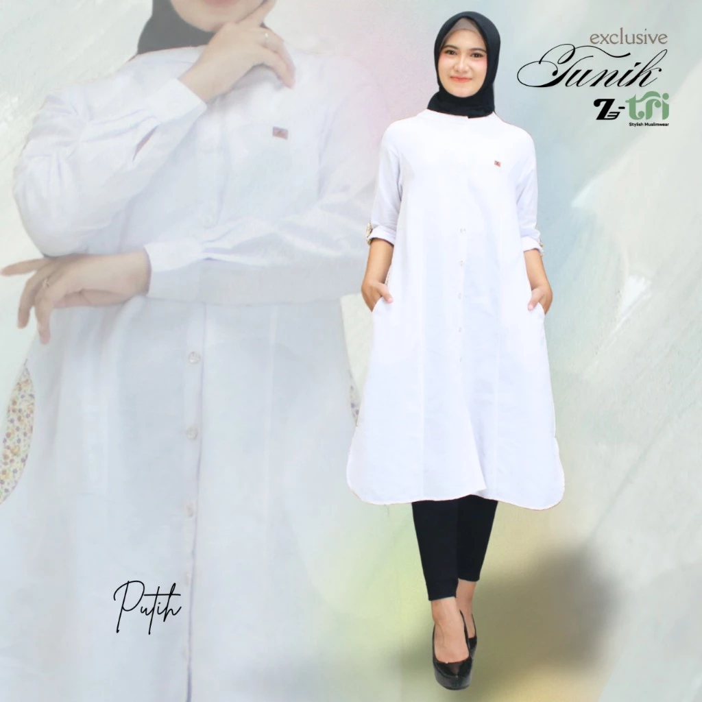 𝗭-𝘁𝗿𝗶 - Tunic putih premium wanita dewasa model polos full kancing kain katun rami