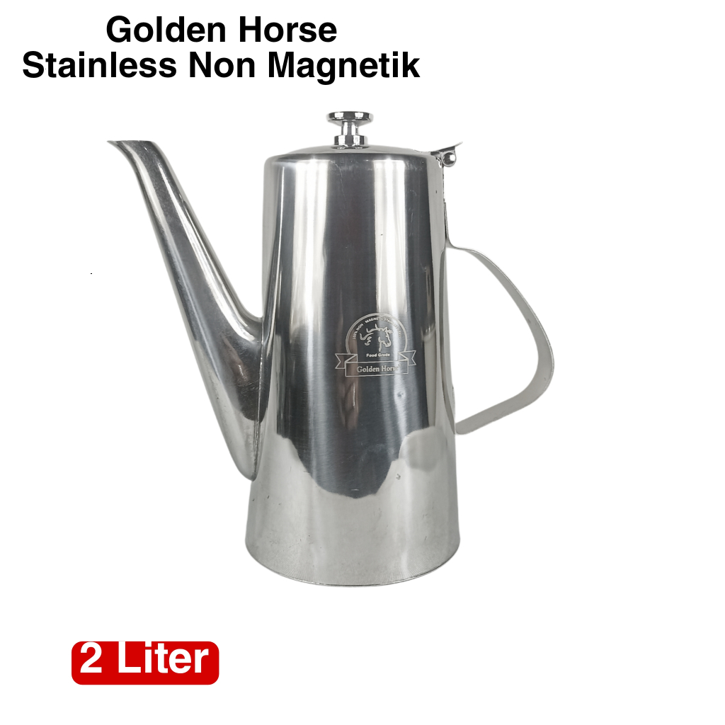 Teko Saji Air Minum Kopi Teh Stainless Steel Non Magnetik Tea Pot Aladin Lengkap Saringan Golden Hor