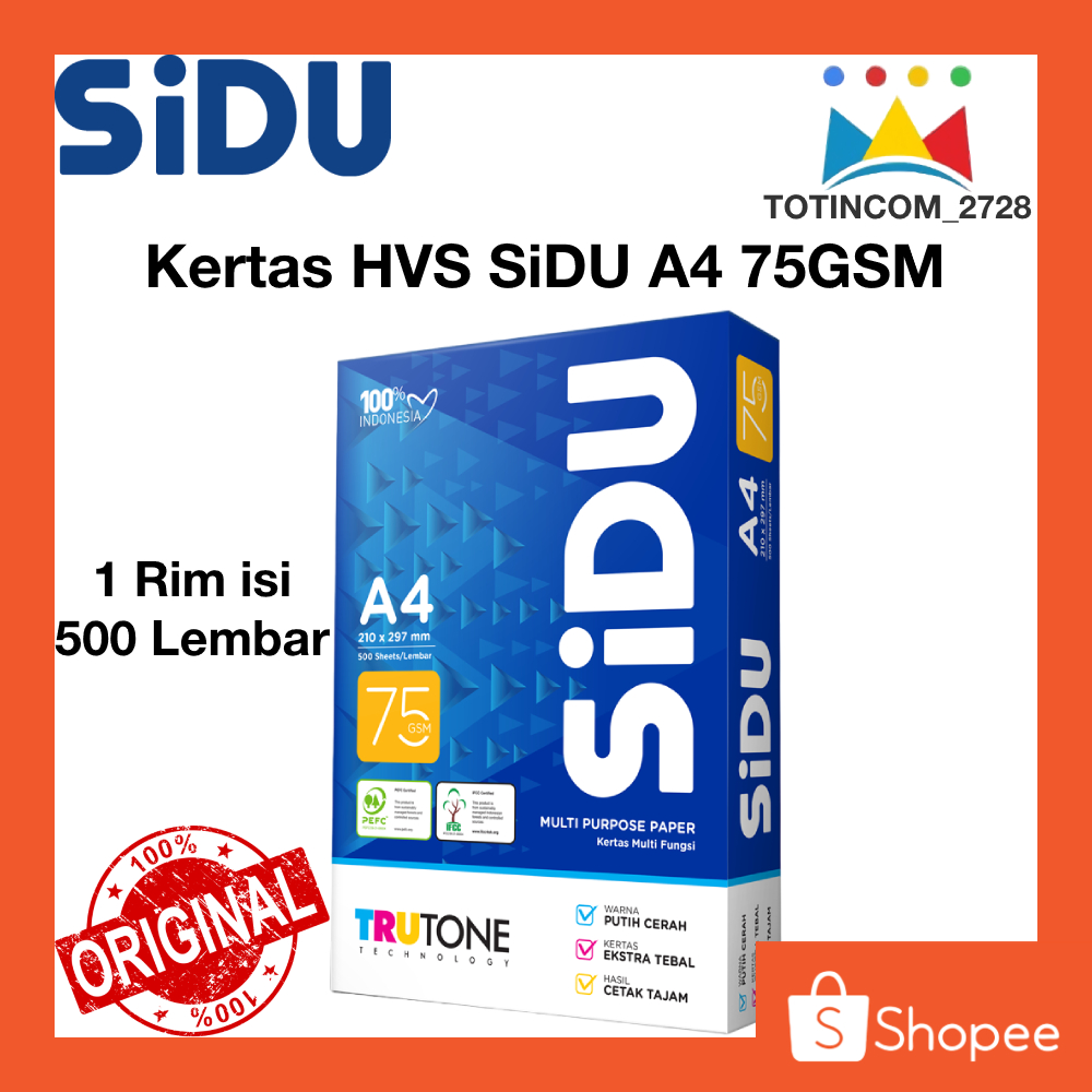 

Hvs SiDu Kertas Hvs A4 210 x 297mm 75Gsm 1 Rim (500 Lembar) Kertas Hvs A4 75Gram Sinar Dunia