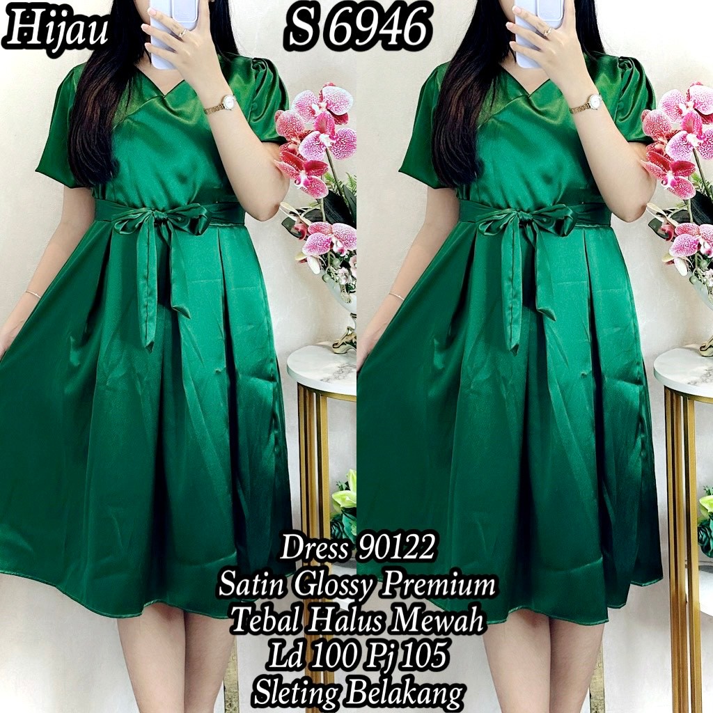 6946 #Dress Satin Glosy Polos Tali Ikat Midi Casual