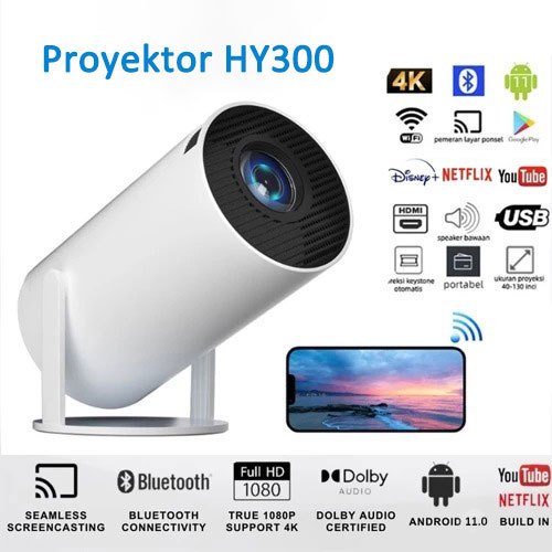 HY300 Proyektor Mini Portable HD Smart Projector Android 11 180 Bluetooth Outdoor TV Proyektor