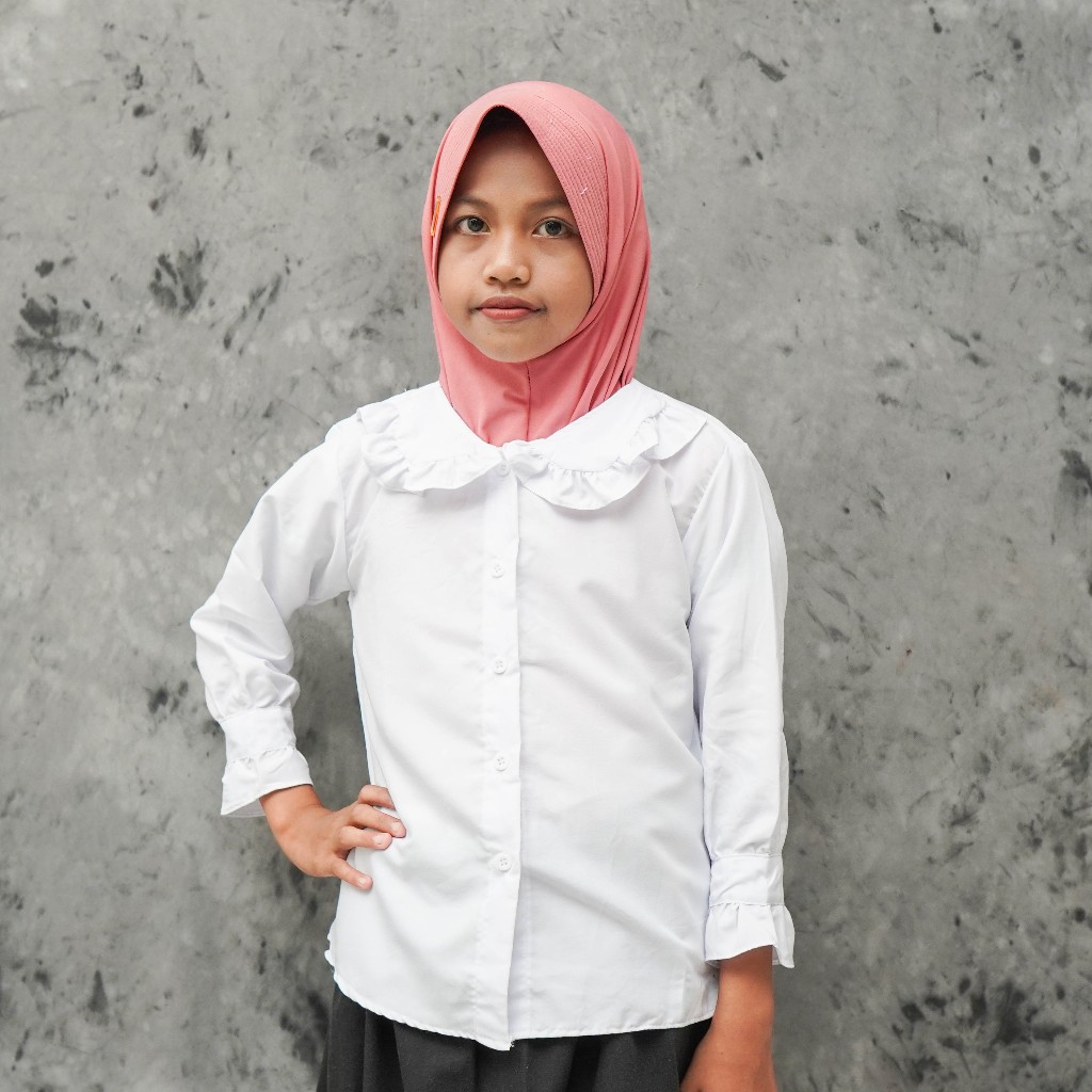 kemeja anak perempuan umur 7- 8 tahun warna putih / baju anak cewek paling dicari / pakaian anak len