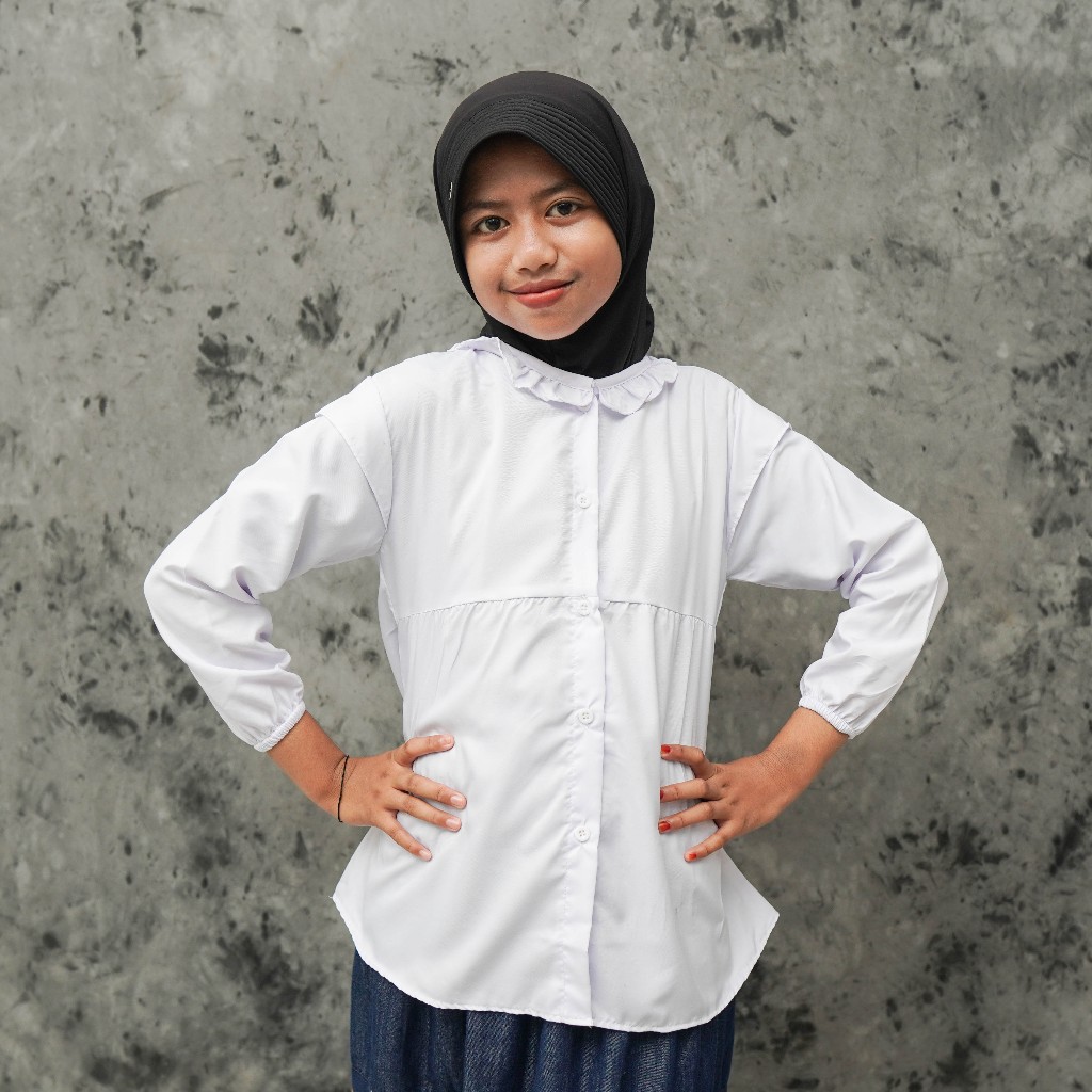 Atasan anak perempuan warna putih 10-12 tahun / kemeja anak poli mikro / baju anak lengan panjang