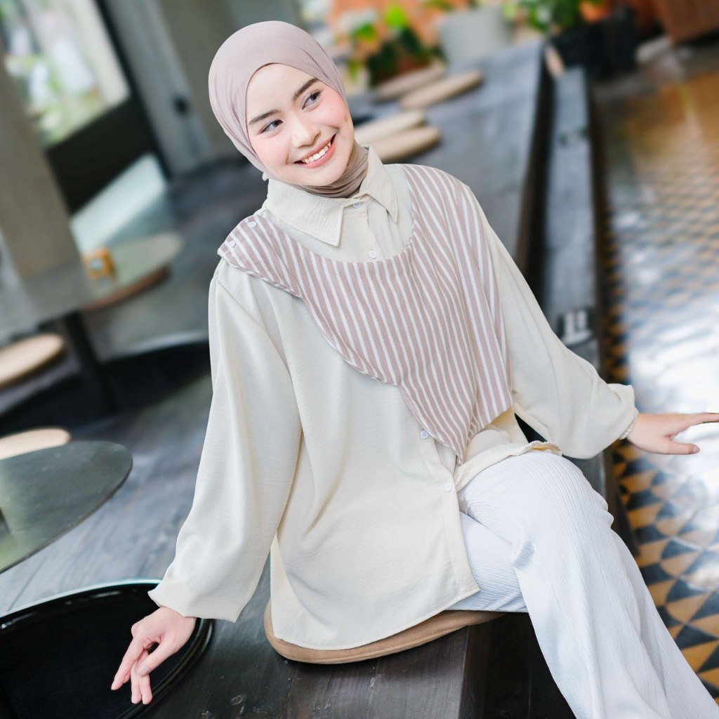 Mybamus Gladys: Set Kemeja Vest Wanita Layer Stripe
