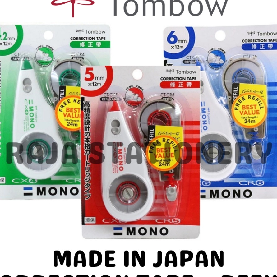 

Premium Tombow Mono Correction Tape 12m REFILL Green Red Blue 42mm 5mm 6mm Tipex Kes Tipx Kering Tombow Hijau Merah Biru CTCR4 CTCR5 CTCR6 CTCX4CR4 CTCX5CR5 CTCX6CR6